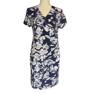 Soft Surroundings Shapely Anywhere Floral Faux Wrap Dress Blue Medium Petite